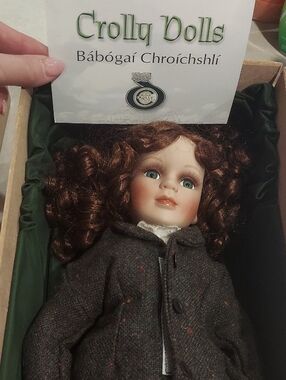 Crolly Dolls Porcelain Doll with Green Eyes and Brown Curly Hair